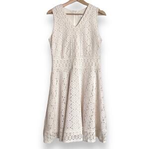 NWT Charter Club Cream Crochet Lace V Neck Fit n Flare Sleeveless Dress Size M